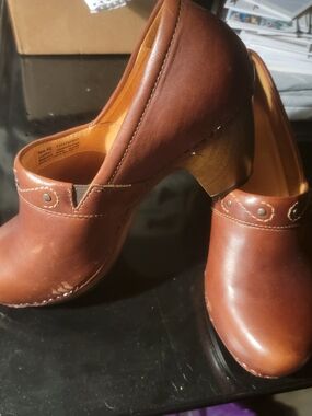 Dansko Brown Leather Clogs with Stacked Heel